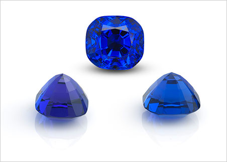 Pleochroism in a 15-carat tanzanite as seen with the naked eye through the crown, side and end. (Photos: Wimon Manorotkul)