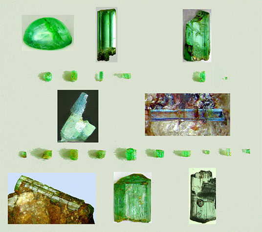 Figure 5. Selection of transparent green to translucent brownish-green emerald XX and one transparent blue aquamarine crystal from Feldbach, Binn Valley, Valais, Switzerland. Inserts : (top left) emerald cabochon and single X , collection A. Frey, (top right) single X, collection G. Bosshart. (bottom) Fractured greenish beryl X on quartz matrix, infiltrated by Fe hydroxides. Largest single crystal, 0.42 ct. Emerald X showing multi-phase inclusions (l,g and several solids). Coll. T. Mumenthaler. (centre) Bi-coloured green and blue beryl crystal (left), transparent single X aquamarine on quartz matrix (right). Assembly by author. Click to enlarge.
