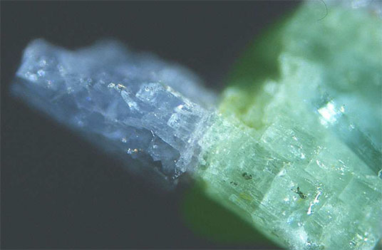 Figure 7. The most outstanding of all green and blue beryl single crystals from the Binn Valley finds. Total length approximately 8 mm. Emerald and aquamarine? (Photo: M. Krzemnicki)