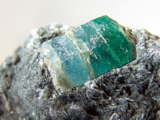 Figure 8b. Bi-coloured beryl crystal on Habachtal mica schist matrix (not available for analysis). (Courtesy NHM Vienna)