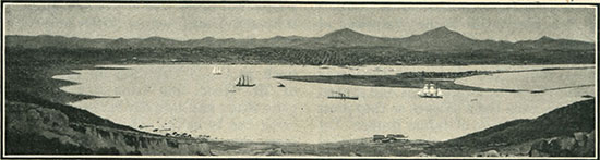 Panoramic view of San Diego Bay, showing the city of San Diego, Coronado Peninsula, and the entrance to the harbor, looking south from Fort Rosecrans.
