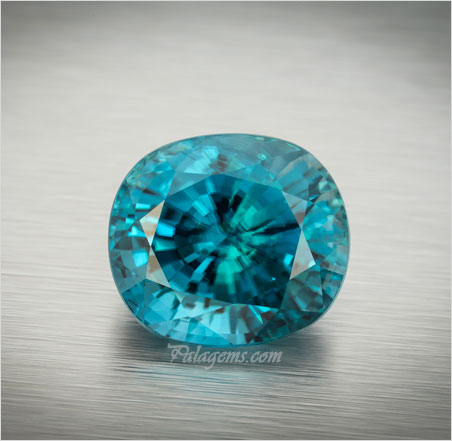 Wonderful large, clean blue cushion-cut zircon from Cambodia, 36.11 ct, 17.89 x 15.89 x 12.69 mm. Inventory #22357 . (Photo: Mia Dixon)