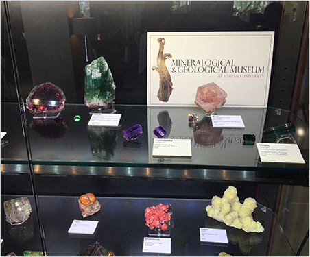 Ivy League. From the Tucson Gem and Mineral Show. Above, a display from the Mineralogical & Geological Museum at Harvard University with several examples of rough-and-cut stones from U.S. localities. Below, the elbaites from the same display. (Photos: Will Larson)