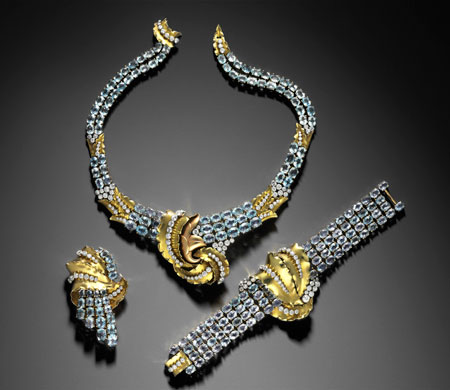 Andy's Babies. Joan Crawford suite of jewelry, about 1935. Verger Frères (French, founded in 1911). Gold, diamond, and aquamarine. Promised gift of Jean S. and Frederic A. Sharf. (Photo: © Museum of Fine Arts, Boston)