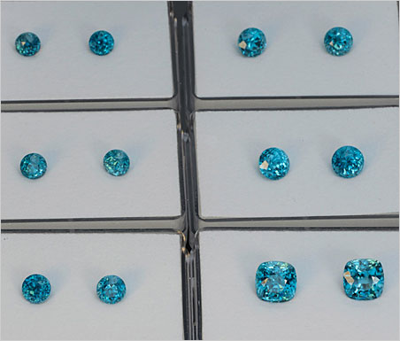 Nice Pair! A sample of the great new selection of blue zircons at Pala International. Rounds range from 6.4 to 8 mm, cushions are 9.8 mm. (Photo Mia Dixon)