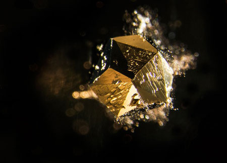 Black & (fool's) gold. Pyrite in rock crystal quartz. This photo was awarded 2nd place in the Gem-A's 2014 photo competition . (Photomicrograph: E. Billie Hughes, Lotus Gemology )