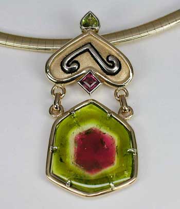 This watermelon tourmaline pendant from California’s Himalaya Mine is a wonderful example of the variety. (Jewelry: The Collector ; Photo: Wimon Manorotkul)