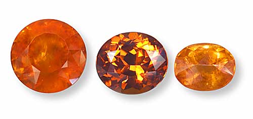 These three gems illustrate the three most important sources of spessartite garnet. From left, a mandarin garnet from Namibia, a spessartite from Nigeria, and a spessartite from the Little Three mine at Ramona, CA. (Photos: Wimon Manorotkul)