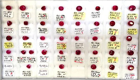 Stocked. Impressive tray of Burmese and Mozambique rubies from 1 ct to 2.5 ct. Excerpt from the Kast Collection now at Pala International. (Photo Jason Stepehson)