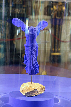 Clothed. Sorry to disappoint, but this is not one of Yves Klein's naked paintbrushes. Victoire de Samothrace (1962 IKB pigment and resin on plaster, edition of 175) is Klein's homage to the famous Hellenistic original that stands on a landing of the Louvre's Daru staircase. (Photo: S. Tavernier)