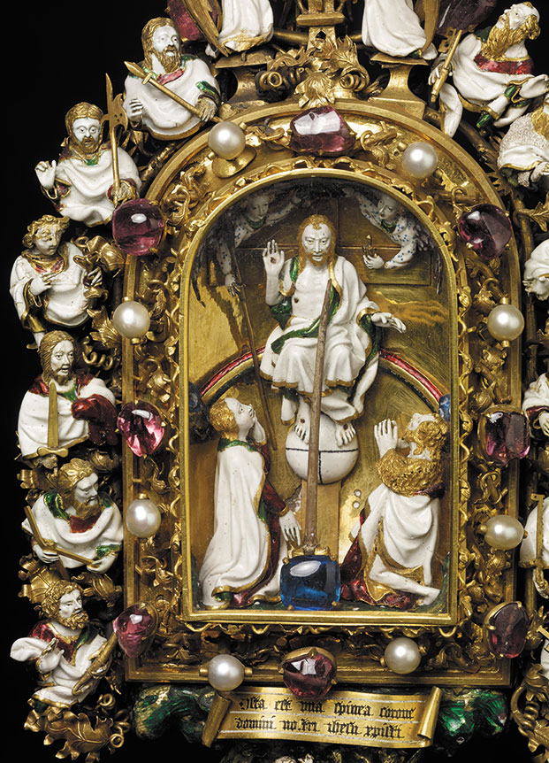 The Holy Thorn Reliquary. Gold, enameled, with sapphires, rubies and pearls, 1390s. Made to display a Thorn, supposedly from the Crown of Thorns worn by Christ at his Crucifixion. Height 30.5 cm, width 15 cm, depth 7 cm. Click image to enlarge. The Waddesdon Bequest. (Photo © The Trustees of the British Museum)