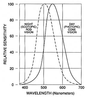 Figure 9. An illustration of the Purkinje Shift. In bright light the eye is more sensitive to longer (red) wavelengths; in dim lighting the eye’s sensitivity shifts slightly to the shorter (blue/violet) wavelengths (after General Electric Co.).
