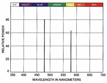 Figure 4. Spectral power distribution of a lamp with total output in the blue-green and yellow-orange (after Allphin).
