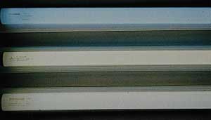 Figure 15, from top to bottom: Sylvania Daylight 1040, 20 Watt (6300° K) Mitsubishi Daylight 99, 20 Watt (5500° K) Sylvania Design 50, 20 Watt (5000° K) Note the wide range in color temperature of daylight-type lamps. (Photo: Richard W. Hughes )