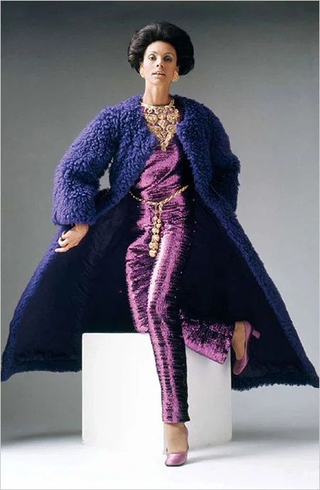 Christian Dior (France), evening ensemble. Haute couture, fall/winter 1968–69. Wool, plastic sequins, glass and plastic beads, metallic thread. Appeared in 'Fashion Freedom '68.' (Photo courtesy of Johnson Publishing Company, LLC)