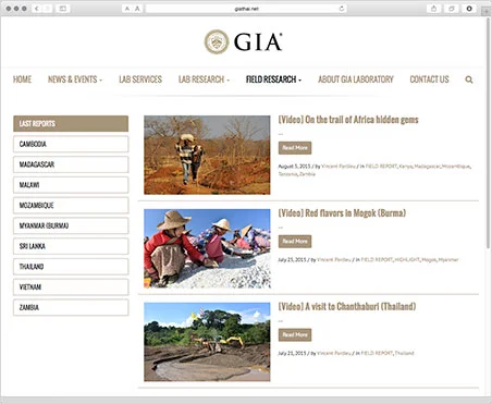 Via GIA laboratory Bangkok's field research page you have access to reports and streaming videos for nine countries in Africa and south Asia. Above, a page with the latest reports from all countries.