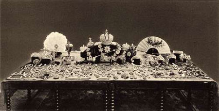 One-stop shopping? This likely is the first photograph ever taken of the Russian crown jewels, from an album issued in 1922, and included in the collection of George F. Kunz, now at the U.S. Geological Survey Library. The album ostensibly was crafted to create interest amongst buyers. Or was it? Click for very large zoom. (Photo courtesy U.S. Geological Survey)