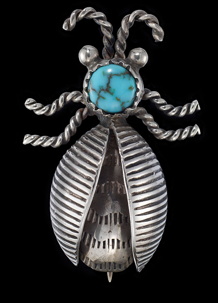 Stamped Beetle Pin with Turquoise. Navajo, ca. 1940–1955, unknown artist (from the bequests of Ruth and Charles Elkus). (Photo: California Academy of Sciences)