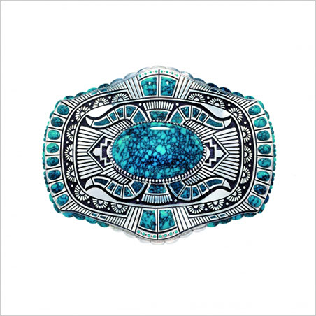 Belt Buckle. Lee A. Yazzie, 2000. Lone Mountain turquoise, sterling silver. Length, 2 3/8 in. Collection of Gene and Ann Waddell. (Photo: © Kiyoshi Togashi)