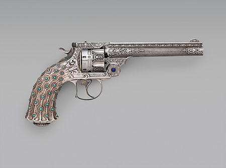Get a grip. Smith and Wesson New Model No. 3, .44 Caliber Double-Action Navy Revolver, serial no. 23060, ca. 1891–92, steel, silver, turquoise, lapis lazuli. Purchase, Arthur Ochs Sulzberger Gift, 2013. (Photo courtesy Metropolitan Museum of Art)