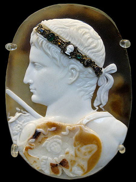 The Blacas Cameo. The cameo employs three layers of sardonyx, for the field, the portrait, and shield (of Minerva). According to the British Museum , the figure's delicate diadem was a replacement for the typical laurel wreath. It measures an ample 9.3 x 12.8 cm.