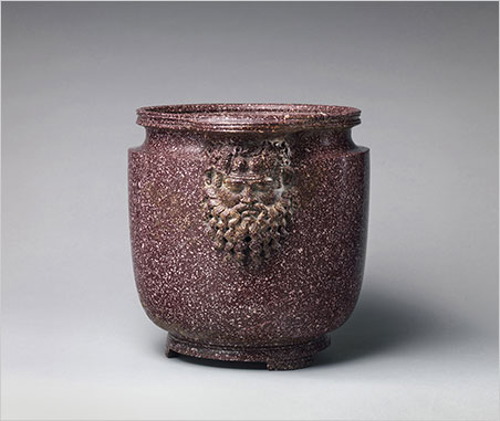 Porphyry vessel with bearded masks. Roman, Early Imperial, 1st–early 2nd century C.E. The Metropolitan Museum of Art, Purchase, Acquisitions Fund, The Jaharis Family Foundation Inc. Gift, Philippe de Montebello Fund, Philodoroi and Renée E. and Robert A. Belfer Gifts, The Bothmer Purchase Fund, and Mr. and Mrs. John A. Moran, Nicholas S. Zoullas, Patricia and Marietta Fried, Jeannette and Jonathan Rosen, Aso O. Tavitian, Leon Levy Foundation, and Barbara and Donald Tober Gifts, 2014 (2014.215) (Photo: © The Metropolitan Museum of Art, New York)