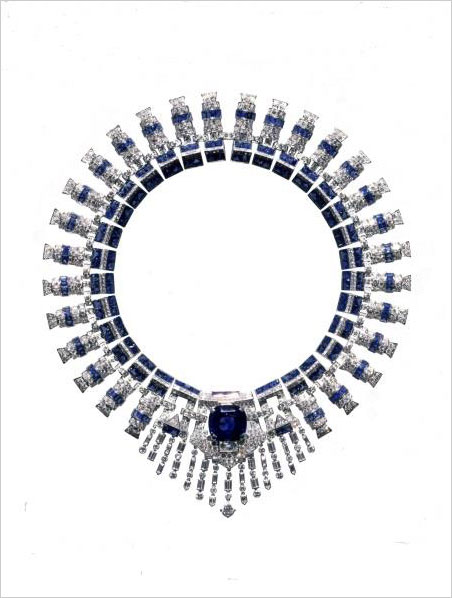 This diamond and sapphire necklace is the reworking of two such bracelets. As with some of the jewels in the Cartier collection to be featured in the Biennale, the center cushion-cut sapphire is removable and may be worn as a brooch. (Photo: Hillwood Estate, Museum & Gardens press release)