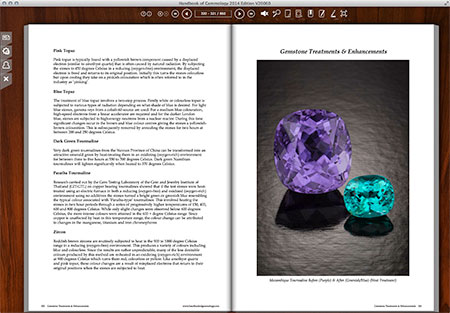 A screenshot from the Gemstone Treatments & Enhancements section provides a sample of the lovely photography of Tino Hammid. Pictured are two Mozambique tourmalines, before (left) and after (right) heat treatment.