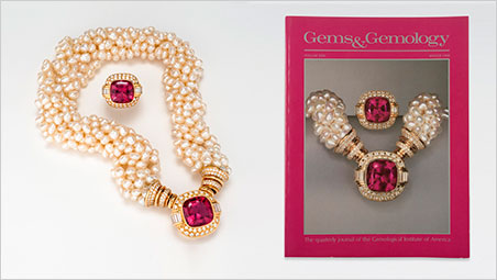 G&G Winter 1988: An intense rubellite ring (13.8 carats) and necklace (18.5 carats) – both designed by Jeanne Larson – from the Tourmaline Queen Mine in San Diego County. Click to enlarge. (Photo by Orasa Weldon, left; © GIA; Cover Photo by Harold & Erica Van Pelt)