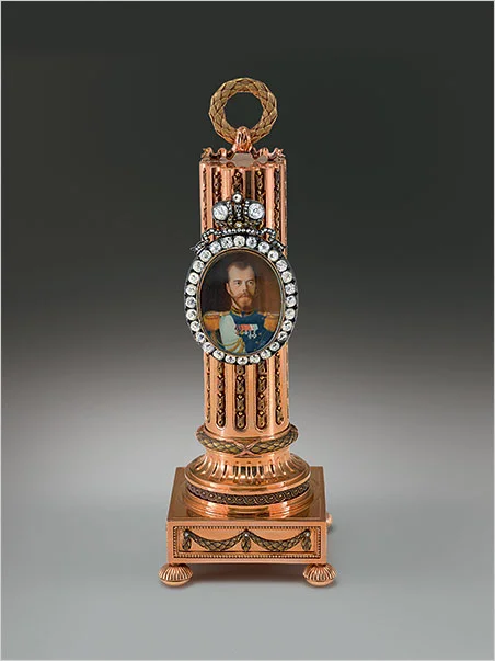 Carl Fabergé (1846–1920), Fabergé firm, St. Petersburg, Henrik Wigstrom (workmaster), Vasili Zuev (miniaturist). Column Portrait Frame with a Miniature of Nicholas II , Imperial presentation gift, 1908. Gold, silver, diamonds, ivory, watercolor. 15.2 x 5.5 x 5.5 cm; miniature: 3.1 x 2.5 cm. Virginia Museum of Fine Arts, Bequest of Lillian Thomas. (Photos courtesy The Montreal Museum of Fine Arts)