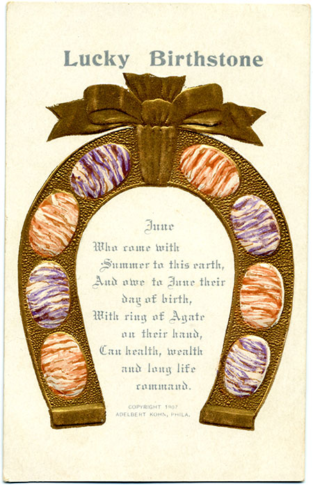 This card features an embossed horseshoe studded with agate ovals. Two other collecting cards for June are available here .