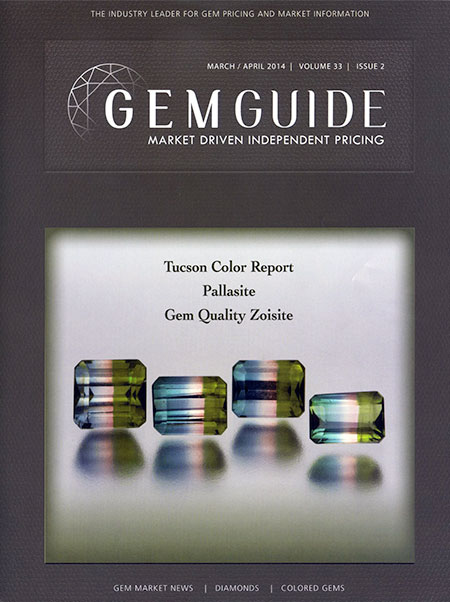 The March/April edition of the GemGuide features an image by Mia Dixon of four faceted bicolored tourmalines from Brazil with a combined weight of 4.62 carats.