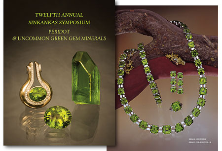 At left is Mia Dixon's cover image of three peridots from Burma's Mogok Stone Tract, which produces much of the best-quality peridot in the world: a gold pendant set with a 8.89-carat peridot and 0.46-ctw diamond, by Ilka Bahn and available from The Collector Fine Jewelry; an oval 13.16-carat peridot; and an exceptional single crystal from Pyaung-gaung weighing 167.25 carats and measuring 4.0 x 2.5 cm. Crystals from Pala International. At right is a peridot, diamond, and platinum jewelry suite designed and created by Van Cleef & Arpels. The 54 custom-cut peridots were provided by Fine Gems International, Helena, Montana, using peridots from the deposit in the Himalayan Mountains of Pakistan. The suite was the subject of Robert Kane's presentation at the symposium. The faceted gems range in weight from 3.57 to 18.30 carats for a total of 350.40 carats. The diamonds were supplied by Van Cleef & Arpels. Photo © GIA Harold & Erica Van Pelt. (See preview .) To order the book, contact Roger Merk .