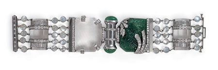 A Seaman Schepps bracelet found in the collection of Andy Warhol, c. 1940: emerald, rock crystal, moonstone and diamond. Click to enlarge. (Seaman Schepps)