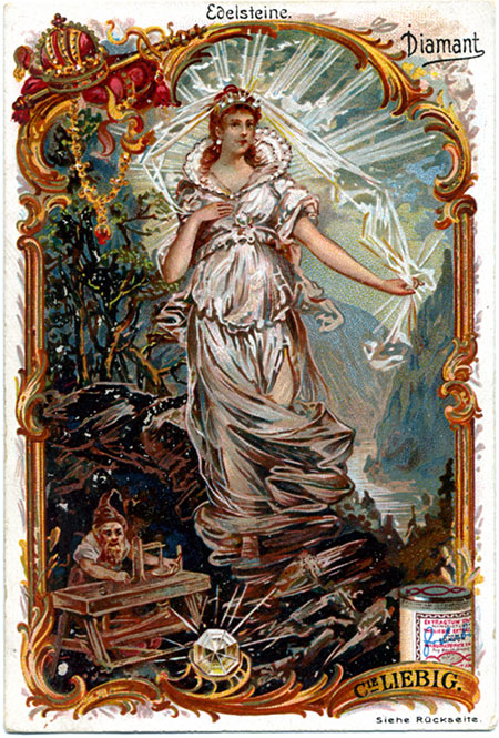 A diamond collecting card from the makers of Liebig Company's Meat Extract. "The extract is spread all over the world," states the advertising copy—as, it seems, were lawn gnomes. Two other collecting cards for April are available here .