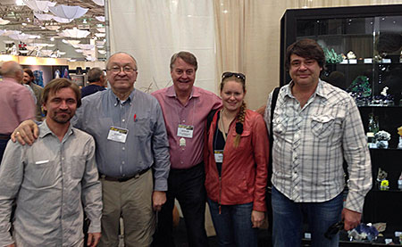 Sochi strays? Misha Anosov (Russkie Mineraly: Russian Minerals), Prof. Dr. Viktor Garanin (Russian Academy of Sciences), Pala International's Bill Larson, Maria Alferova, Victor Nekrasov. Dr. Garanin is the director of the A.E. Fersman Mineralogical Museum in Moscow and Alferova is a senior researcher there. Originally founded in 1716 in St. Petersburg, the museum is one of the world's largest, housing more than 135,000 items. Bill Larson was a guest of the Fersman Museum in 1989. He was flown from Moscow by Aeroflot to evaluate tourmaline in the Lake Bikal district. (Photo: Carl Larson)