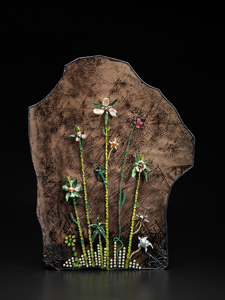 Flower Painting by John Hatleberg, 20 x 15 1/2". Akoya, South Sea, Tahitian, Chinese freshwater, keshi, seed pearls, moldavite, peridot, tsavorite, sphene, fuchsite, lemon quartz, tourmaline, white, yellow, brown diamonds with mica canvas in a patinated silver frame. Click to enlarge. (Photo: John Bigelow Taylor)