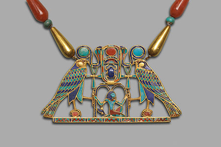 Pectoral of Princess Sithathoryunet. A. Pectoral: Gold, inlaid with turquoise, lapis lazuli, carnelian, garnet. H. 4.5 cm (1¾ in.), W. 8.2 cm (3¼ in.). B. Necklace: Gold, lapis lazuli, carnelian, feldspar, amethyst, turquoise Twelfth Dynasty, reign of Senwosret II (ca. 1887–1878 B.C.E.). The Metropolitan Museum of Art, New York, Purchase, Rogers Fund and Henry Walters Gift, 1916 (16.1.3a, b). Click to enlarge. (Photo © The Metropolitan Museum of Art, New York)
