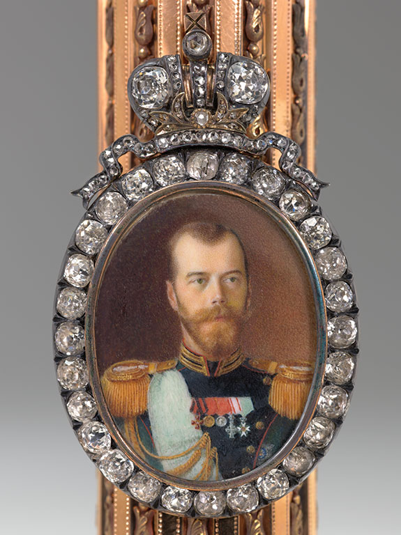 Carl Fabergé (1846–1920), Fabergé firm, St. Petersburg, Henrik Wigstrom (workmaster), Vasili Zuev (miniaturist). Column Portrait Frame with a Miniature of Nicholas II , Imperial presentation gift, 1908. Gold, silver, diamonds, ivory, watercolor. 15.2 x 5.5 x 5.5 cm; miniature: 3.1 x 2.5 cm. Virginia Museum of Fine Arts, Bequest of Lillian Thomas. Also f eatured in Faberge, Jeweller to the Czars last year at the Montreal Museum of Fine Arts. (Photos courtesy The Montreal Museum of Fine Arts)
