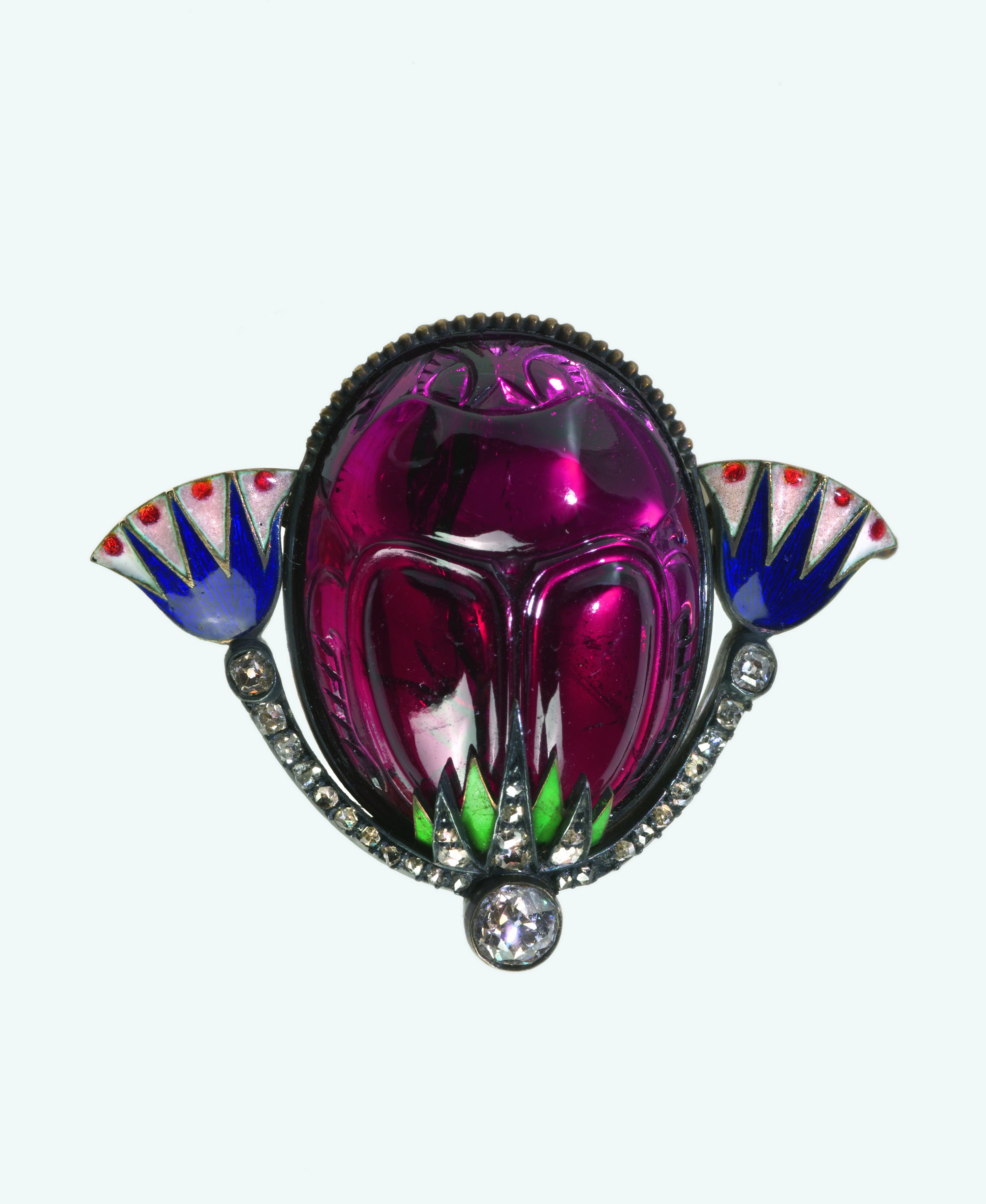 Carl Fabergé (1846–1920), Fabergé workshop, Saint Petersburg, Carl Fabergé (work master). Scarab Brooch , about 1900. Garnet, gold, diamonds, rubies, enamel, silver. 2.8 x 3.8 x 1.9 cm. Virginia Museum of Fine Arts, Bequest of Lillian Thomas Pratt. Also featured in Faberge, Jeweller to the Czars last year at the Montreal Museum of Fine Arts. (Photo courtesy The Montreal Museum of Fine Arts)
