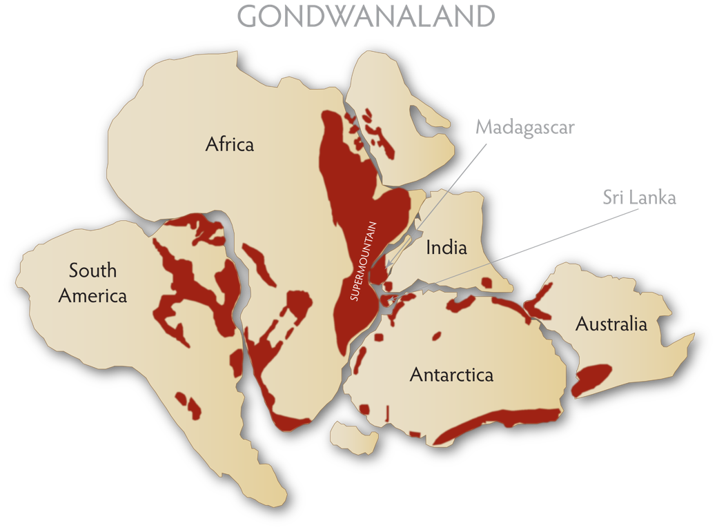 Gemstone occurrences in red, in the supercontinent dubbed Gondwanaland by paleogeographers. This is adapted from John Saul's A Geologist Speculates.&nbsp;(Illustrations: R.&nbsp;W. Hughes)