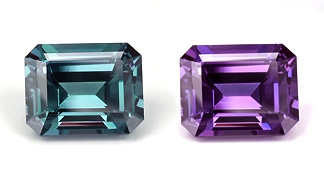 Brazilian alexandrite (daylight at left; incandescent at right), emerald cut, 3.18 ct, 9.06 x 7.23 x 5.1 mm. This stone has been sold.