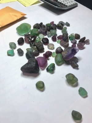 A highlight from Tucson included a beautiful parcel of Mozambique paraiba rough that was offered to Pala. Water worn alluvial pebbles with a nice variety of natural colors from neon blue greens to greens to lavenders and darker purples. (Photo: Jason Stephenson)