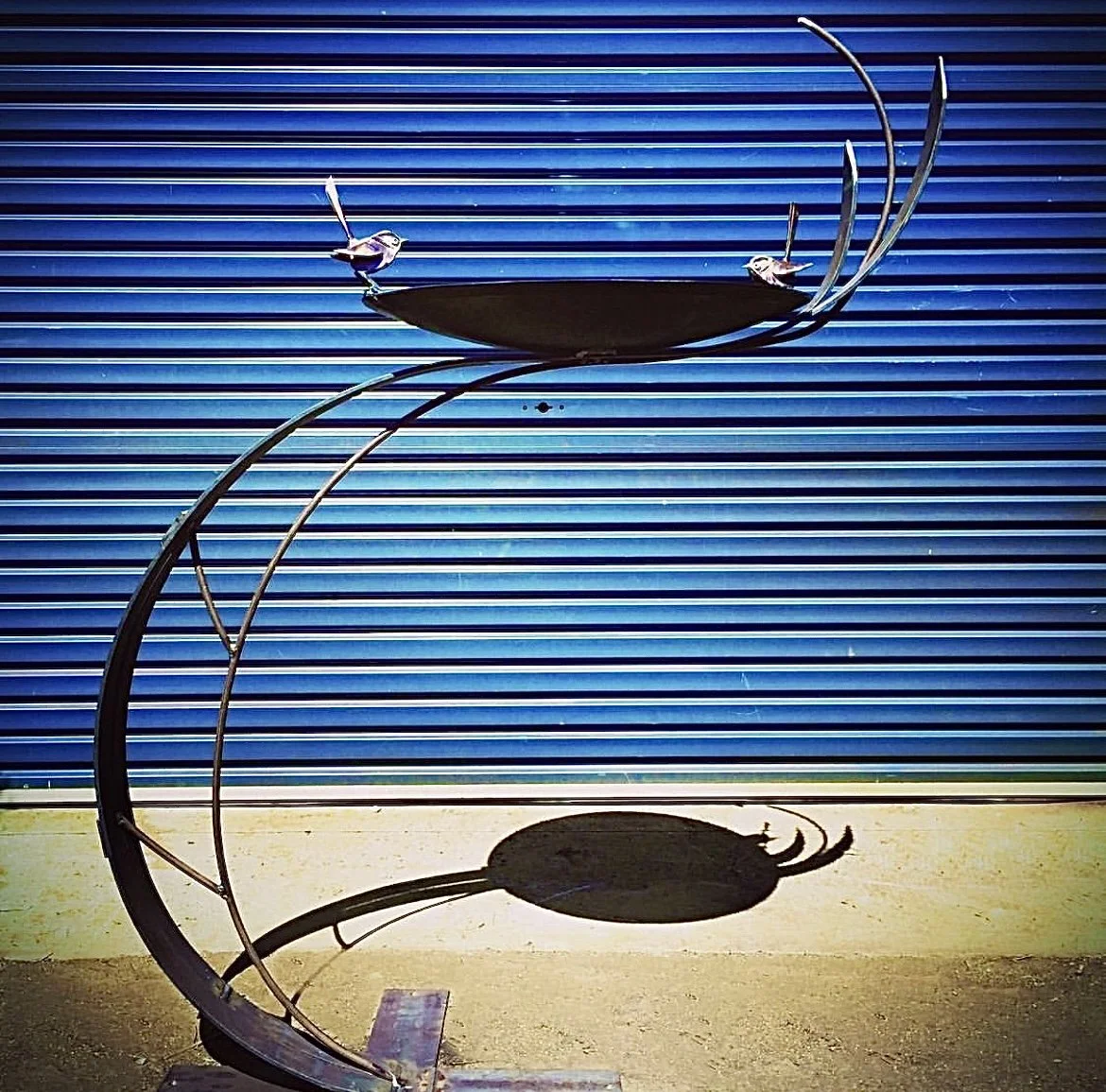 Cantilevered birdbath with two wrens