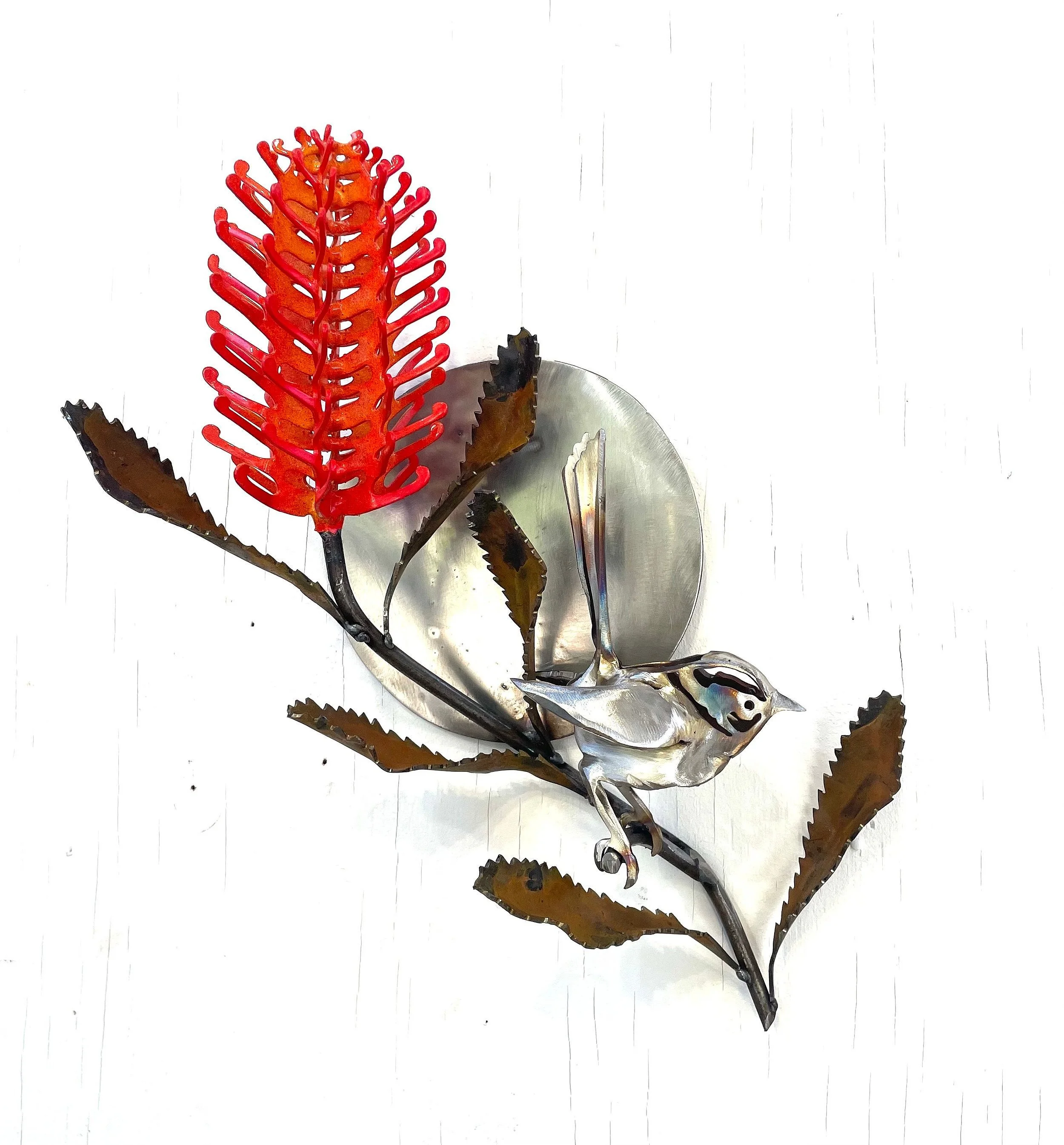 $575. Single banksia with wren and moon wall sculpture