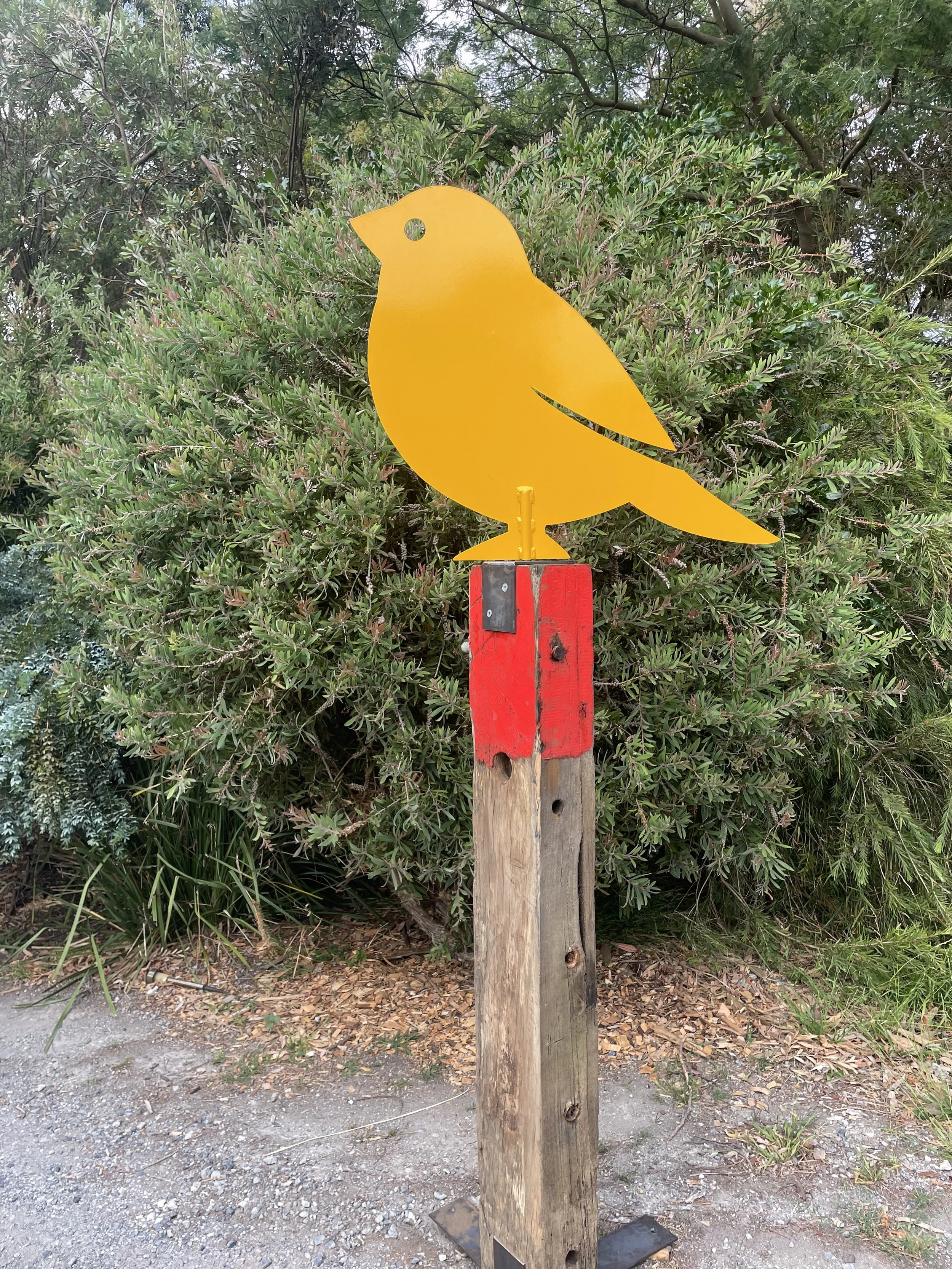 Mini Mr Finch on reclaimed jetty timber base by Grant Flather