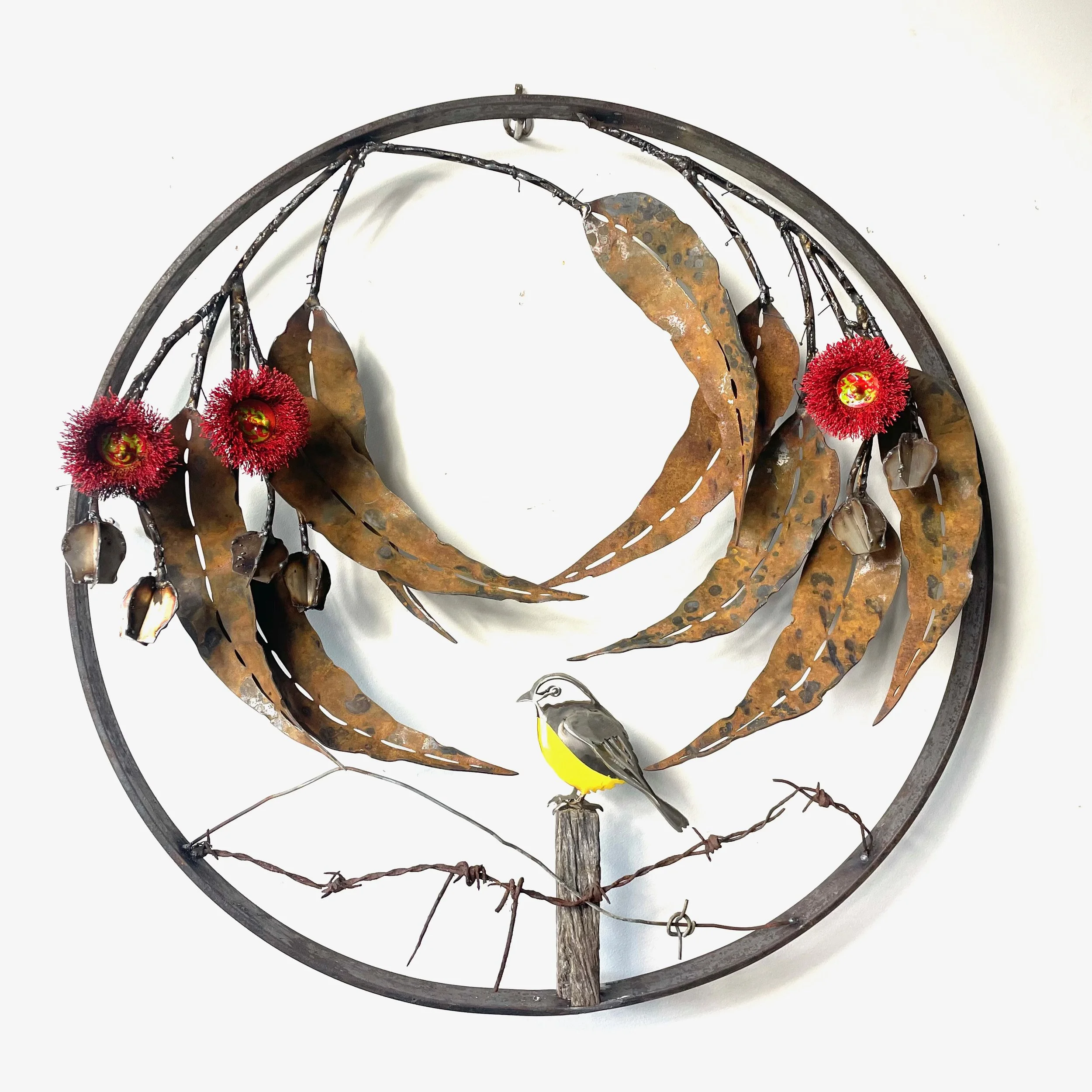 $1900. Triple Euc flower wall sculpture with Yellow Robin