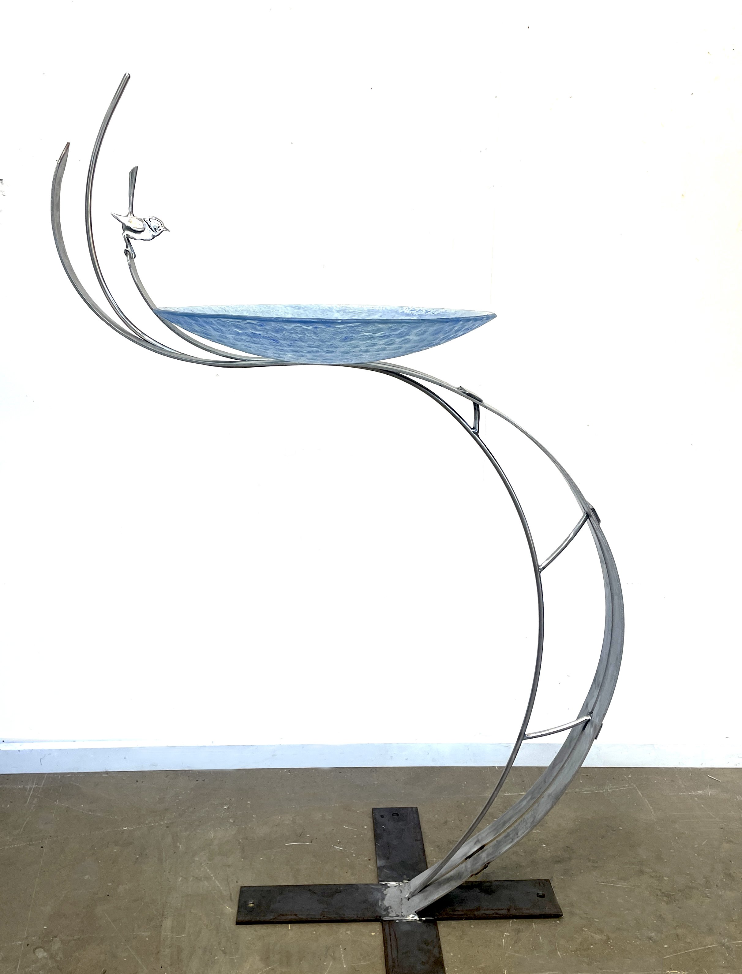 Cantilevered birdbath in glass and stainless by Gone South Studio
