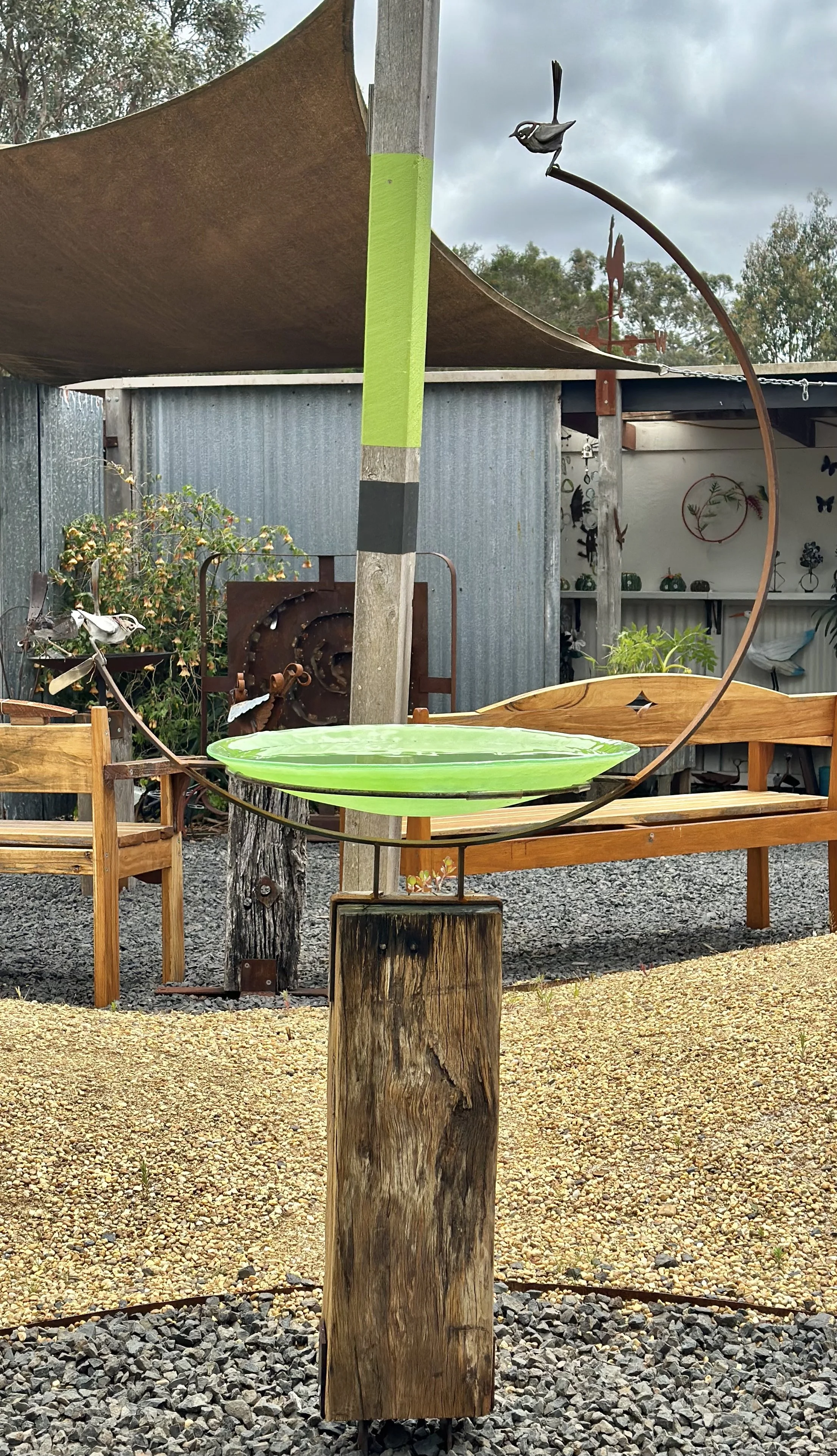 Glass birdbath (Half Moon) with two wrens $1500