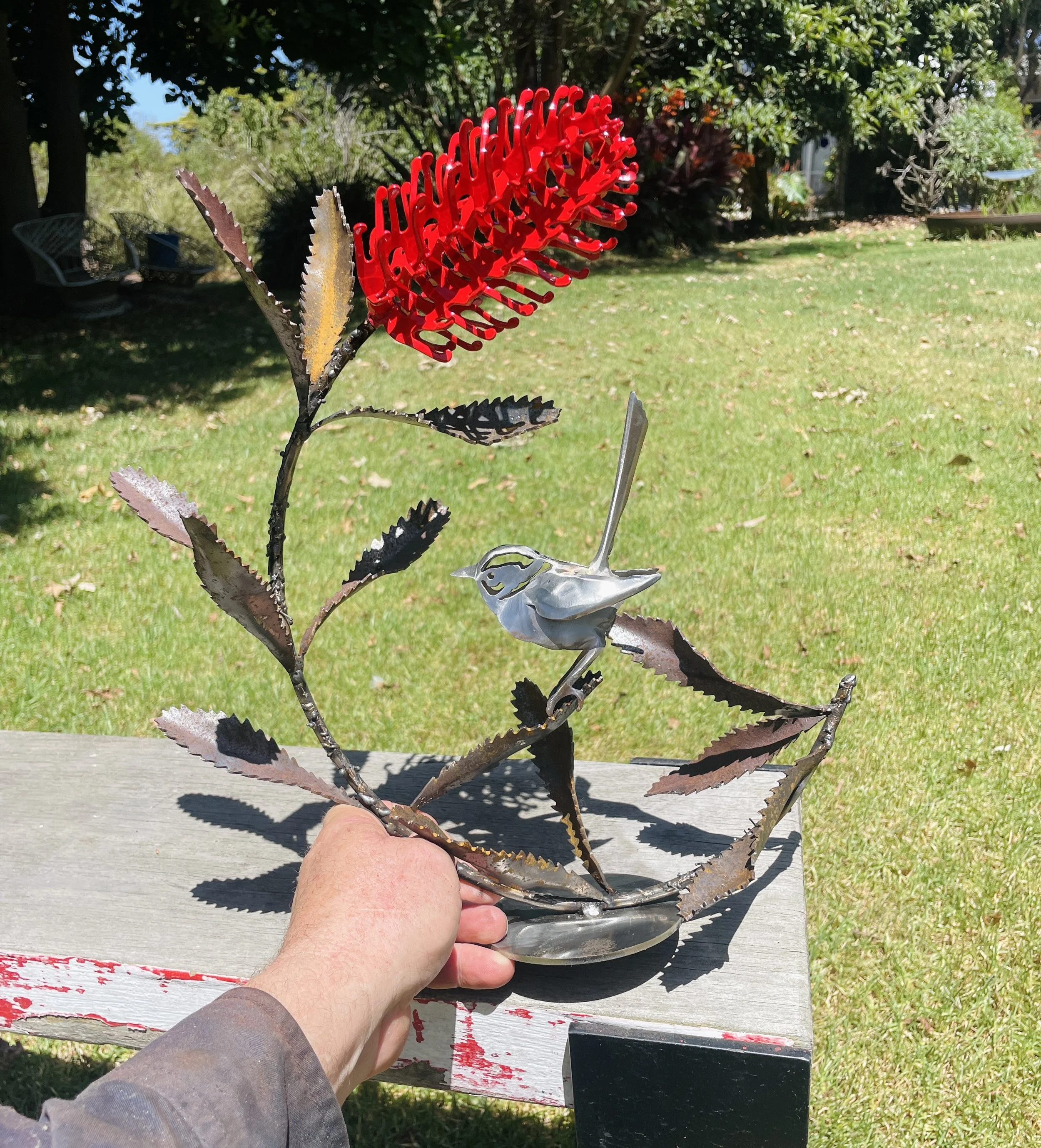 Countertop Banksia Sculpture with Wren. By Grant Flather